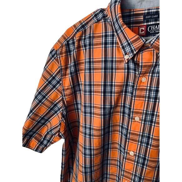 Chaps Men’s XXL Orange Navy Plaid Button-Down Shirt Short Sleeve Easy Care - Picture 6 of 9